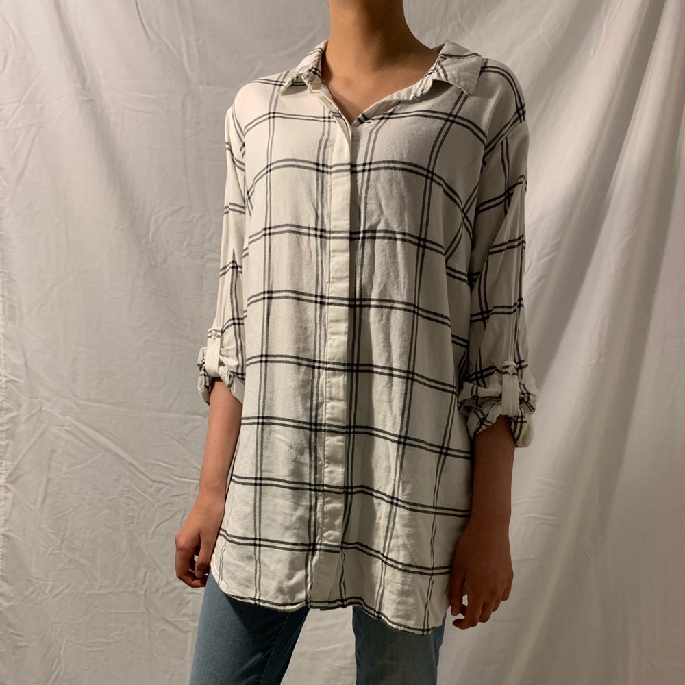 black and white tile pattern button down